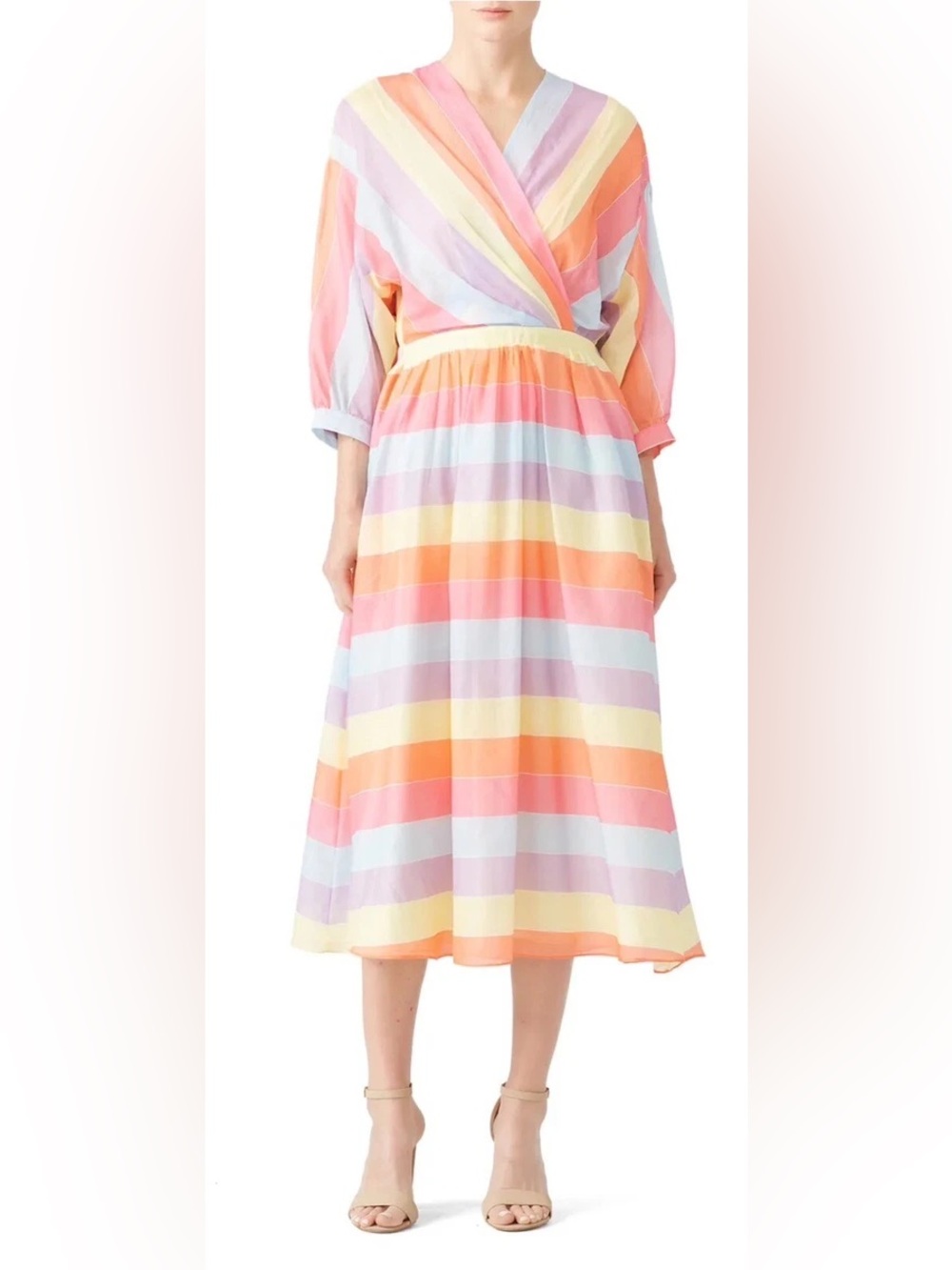 Tara Jarmon Stripey Multicolor Cotton Midi Dress Women's 36 FR Small V-Neck